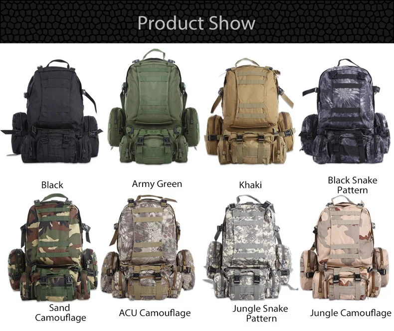 55L Multifunction Sport Bag Molle Tactical Bag Water Resistant Camouflage Backpack for Outdoor Climbing Hiking Camping