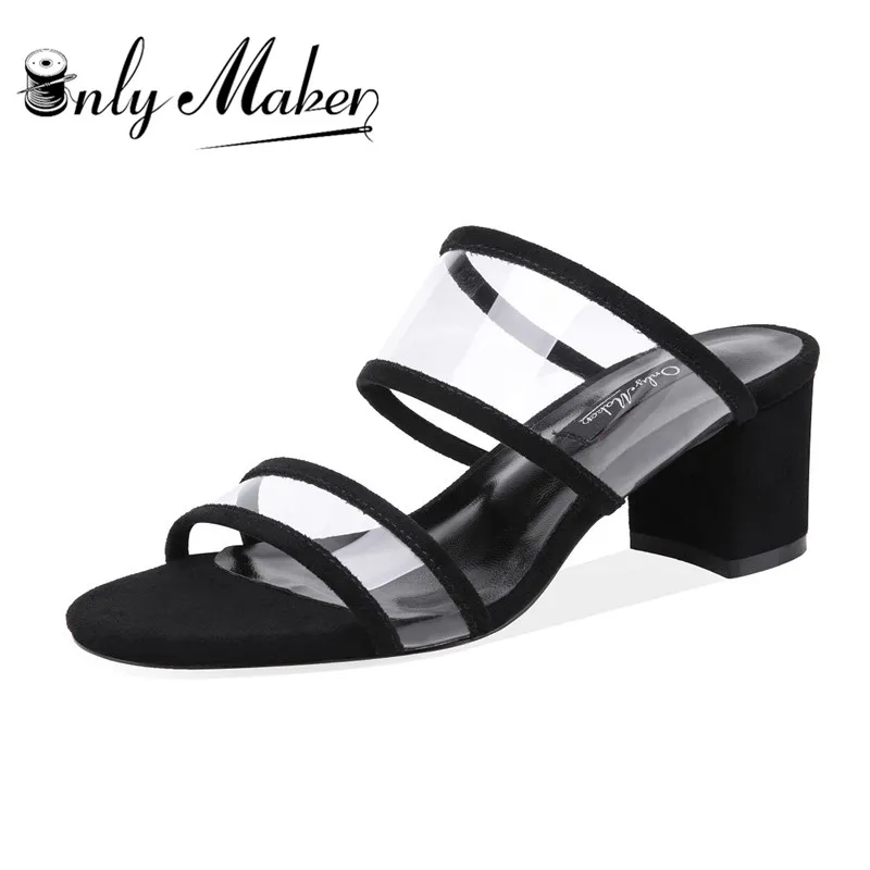 

onlymaker Womens PVC Clear Double Straps Block Heel Slide Sandals Open Toe Slip on Mule Dress Slippers Summer plastic clear hee