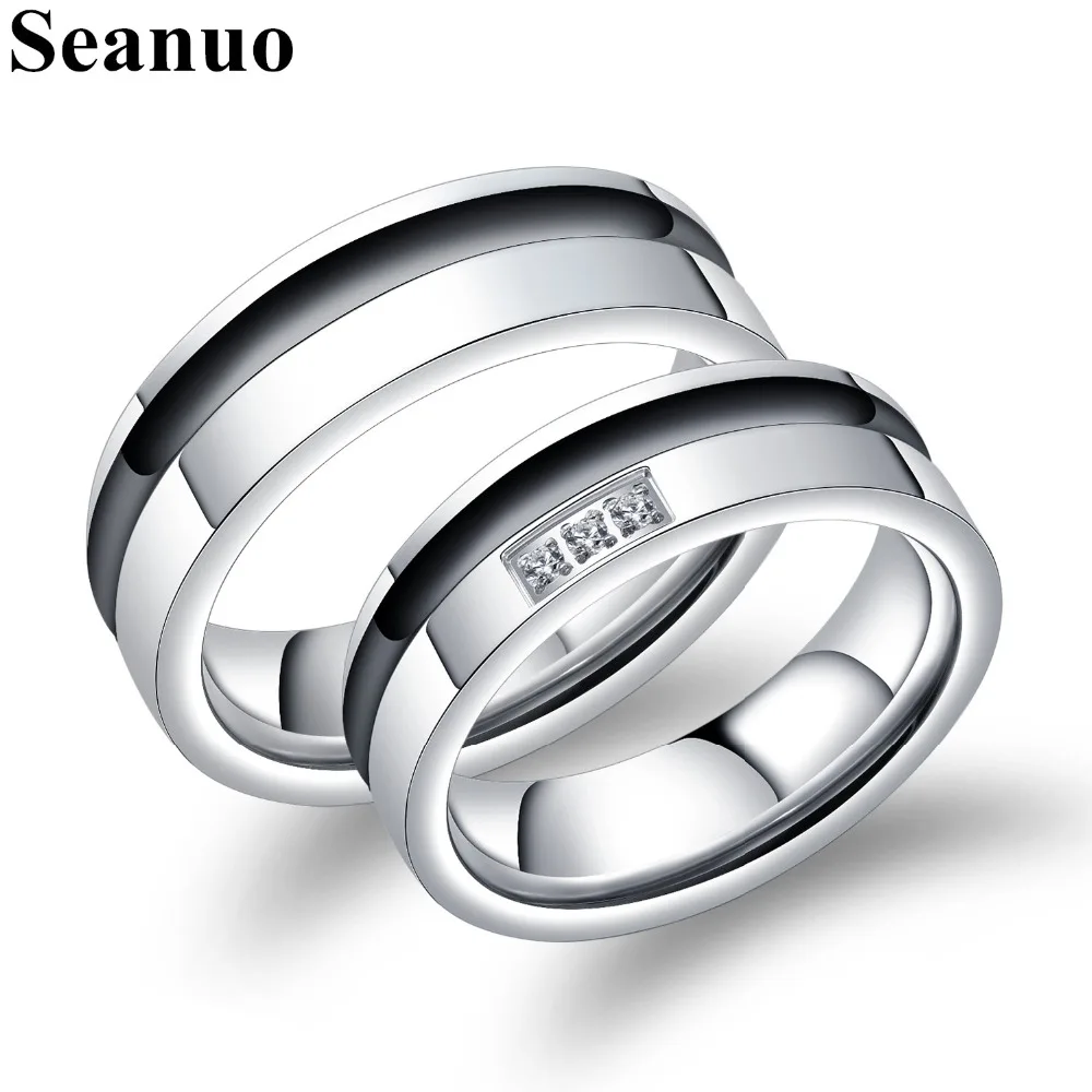 

Seanuo 2019 Black&Silver 316L Stainless Steel Couple CZ Wedding Ring Fashion Men Women Crystal Engagement Valentine's Day Rings