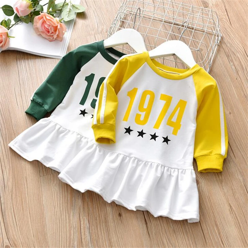 

2-6T Kids Baby Dress Cotton Spring Long Sleeve Print Children Letter T-shirt Dress Girls Casual Sports Clothes Baby Clothing