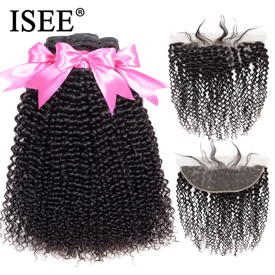 

ISEE HAIR Mongolian Kinky Curly Bundles With Frontal 13*4 Lace Frontal With Bundles Remy Human Hair Bundles With Frontal