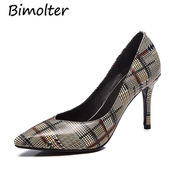 

Bimolter Plaid High Heels Women Pumps Slip On Pointed Toe Footwear Cow Leather Ladies Shoes Fashion Woman Spring Summer FC034