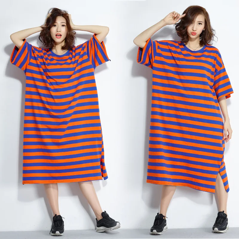 

Woman Oversized T Shirt Dress 2019 New Summer Korean Edition Short Sleeve O-neck Striped Casual Loose Maxi Dress Plus Size Dress