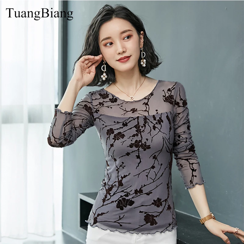 

Autumn 2018 Women Flocking Print Shirts Slim Petal Round Neck Sexy Shirt Ladies Mesh Long Sleeve Gray Nylon Tops camisa feminina