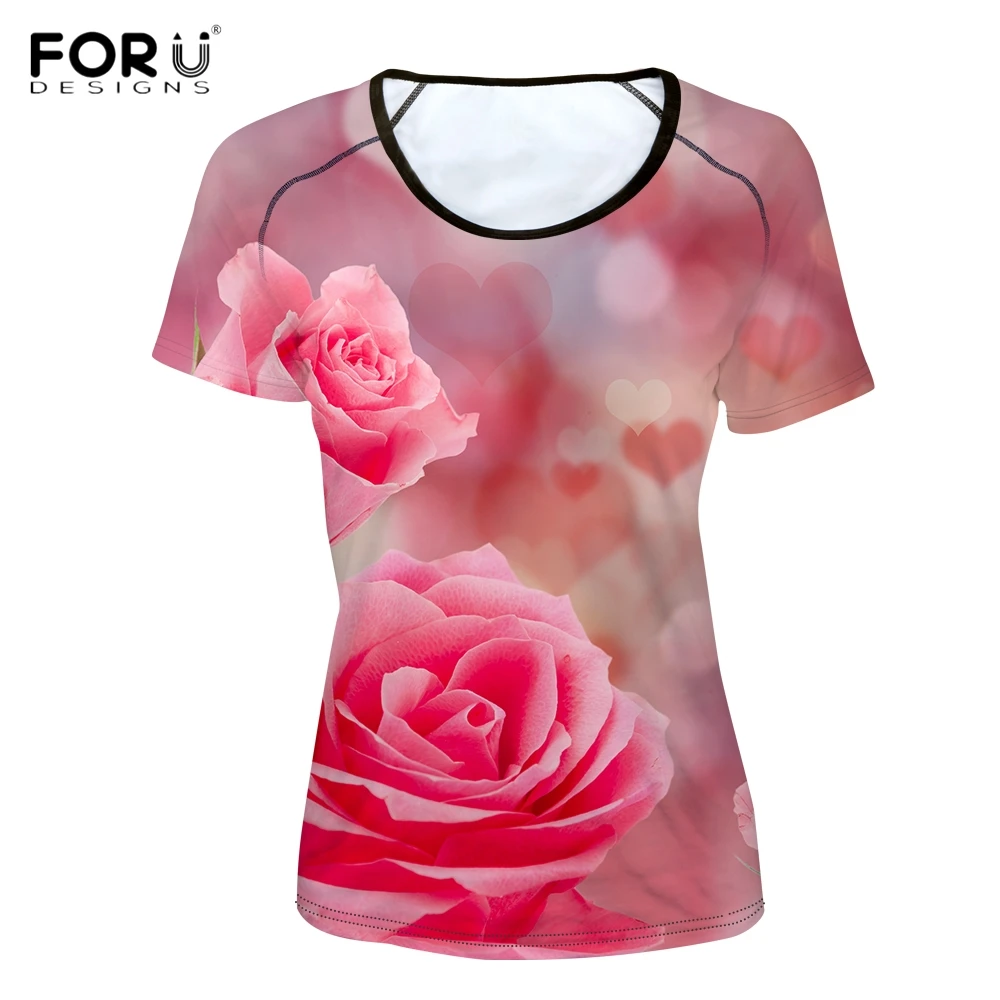 FORUDESIGNS/женская футболка с 3D цветочным принтом с красной розой, модные топы с круглым вырезом и коротким рукавом, брендовая одежда для фитнеса, женские футболки