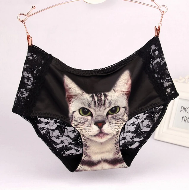 Cut Lace Seamless Panties 3D Cats Print Underwear Women Briefs Culotte