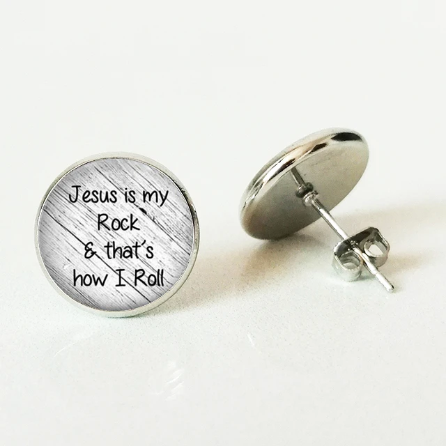 

Jesus is my rock, this is how I roll the Stud Earrings Faith Christian inspirational glass cabochon Stud Earrings Jewelry