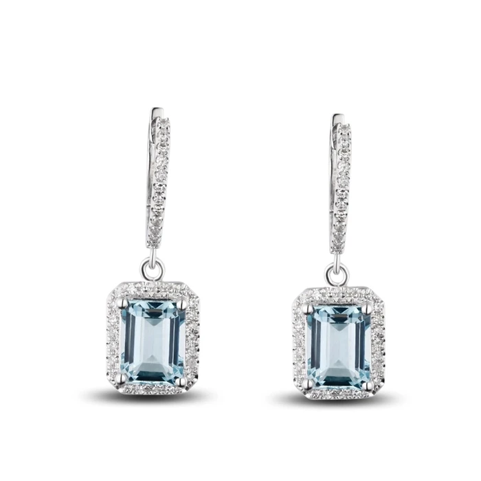 CaiMao 2.98 ct Natural Aquamarine 14KT/585 White Gold 0.35ct Round Cut Diamond Wedding Earrings Jewelry Gemstone