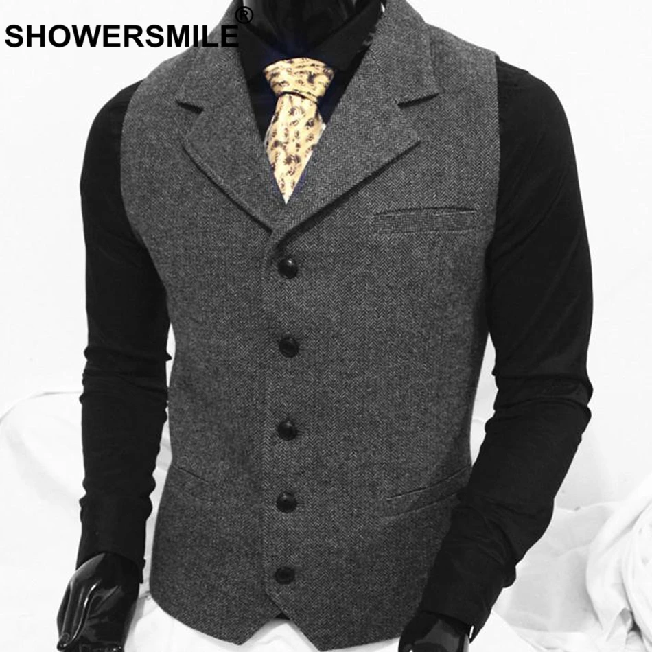 SHOWERSMILE Vest 2019 Woolen Waistcoat Winter Men Coffee Sleeveless Jacket Male British Vintage Herringbone Thicker Clothing