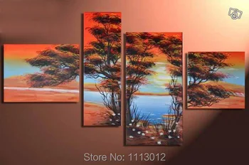 

Abstract Red Blue Africa Tree Hill Lake Oil Painting Handpainted 4 Panel Art Set Home Decor Modern Wall Picture For Living Room