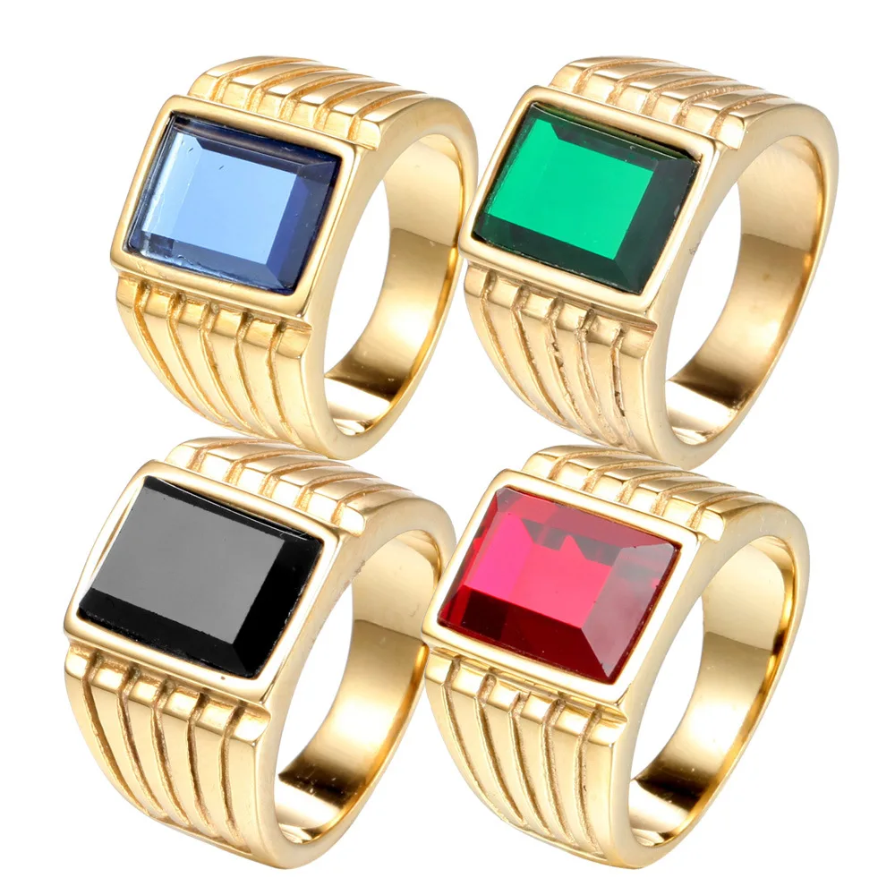 

Stainless Steel Man Men Rings Punk Rock Hip Hop Luxurious Gold Classics Multi-color Rhinestone for Male Boy Fashion Jewelry Gift