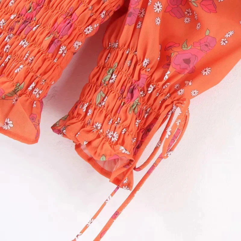 Богемный лук в винтажном стиле, с цветочным принтом, блузка, женские рубашки летнее платье с пышными рукавами тянущаяся облегающая плиссированная Топы в Корейском стиле, женские топы, блузы