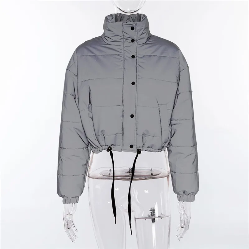 Femmes Surdimensionné Coton Recadrée Veste De Mode D'hiver Épais Pull Nuit Réflexion Manteau Ins Femelle Chaud Lâche Zipper Outwear - 5