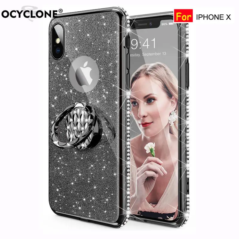  For iphone X Case with 360 Degree Round Rhinestone kickstand soft silocone Anti-knock Transparent G