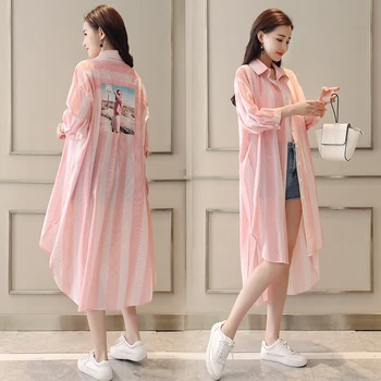 

2019 Spring Casual Loose 3/4 Batwing Sleeve Long Striped Shirts Women Sunscreen Long Tops Lady Casual Kimonos Plus Long Tops