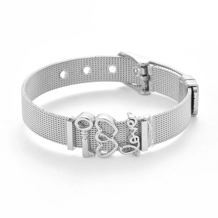 

Simple Couple Love Pandora Bracelet Stainless Steel Mesh Bracelet Adjustable Belt Buckle for Women Men Bracelet Bangle Jewelry