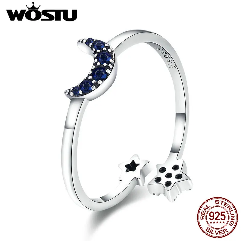 WOSTU, Настоящее серебро 925 пробы, Ослепительная Луна и звезда, открытые, кольца на палец для женщин, ювелирные изделия с кристаллами, Рождественский подарок CQR437