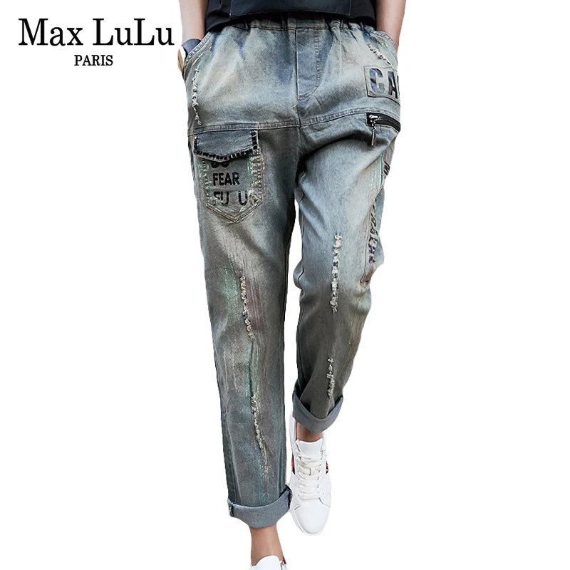 Max LuLu Fashion Zipper Designer Girls Harem Pants Women Punk Black Jeans Korean Woman 3d Printed Trousers Denim Pantalon Femme