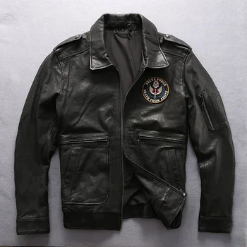 

2019 New Men's Vintage Genuine Leather Jacket Single Breasted Black Jacket Real Thick Sheepskin Coat DHL Shipping Large Size