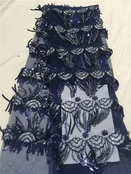 

2018 Latest Nigerian French Lace Fabric lake blue High Quality African Tulle Lace with Sequins Fabric For Wedding Dress Black