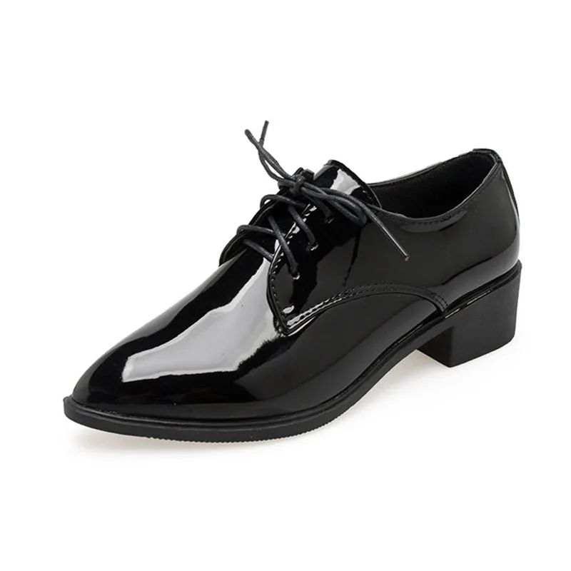 COZULMA/женская повседневная обувь из лакированной кожи; нескользящие модные кроссовки; женские туфли-лодочки на низком каблуке со шнуровкой; Размеры 35-49 - Color: Black Patent