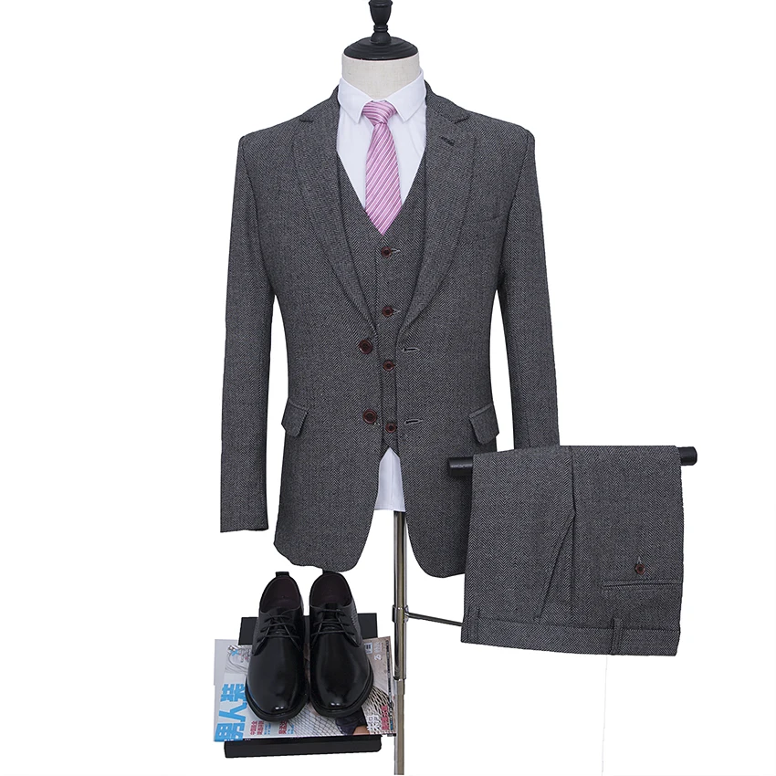 

NA62 Tweed Suits Wool Herringbone 2 buttons Mens Suit Formal Wedding Suits Thick Material Customized Size Man Suits