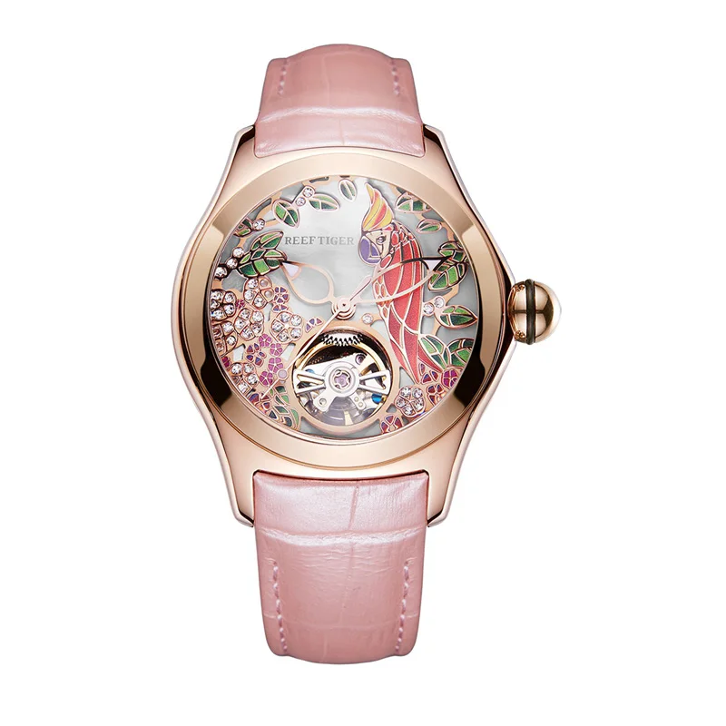 Reef Tiger Top Brand Luxury Women Watches Pink Dial Leather Strap Mechanical Watch Rose Gold Fashion Watch reloj mujer RGA7105 - Цвет: RGA7105-PSP