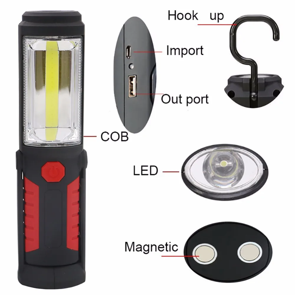 

COB Strip LED Flashlight USB Rechargeable Work Light Magnetic Stand Hook Portable Lanterna Torch Mobile Power Bank For Outdoors