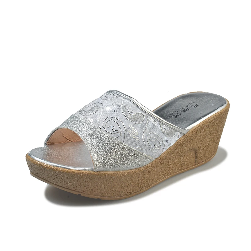 

High Heel Wedge Slippers for Women Summer Wedge Sandals Fashion Embroidered Flower Lace Upper Peep Toe Slipper Gold Silver