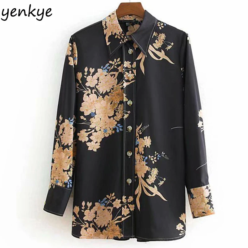 Весна 2019 Женская винтажная черная блузка с цветочным принтом рубашка Леди Turn-Down воротник с длинным рукавом Цветочная сорочка Femme CCWM8949