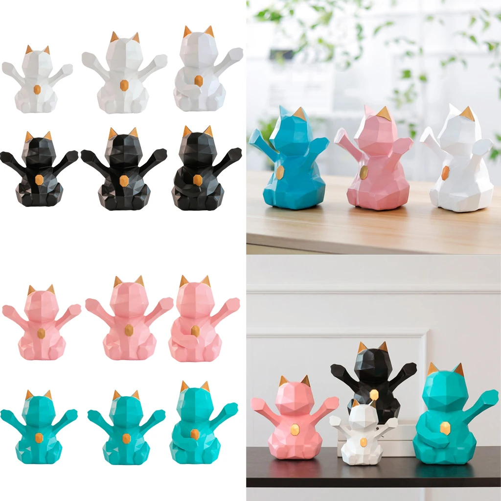 3D Abstract Art Geometric Fortune Lucky Cat Sculpture Resin Animal Statue Figurines Feng Shui Decor