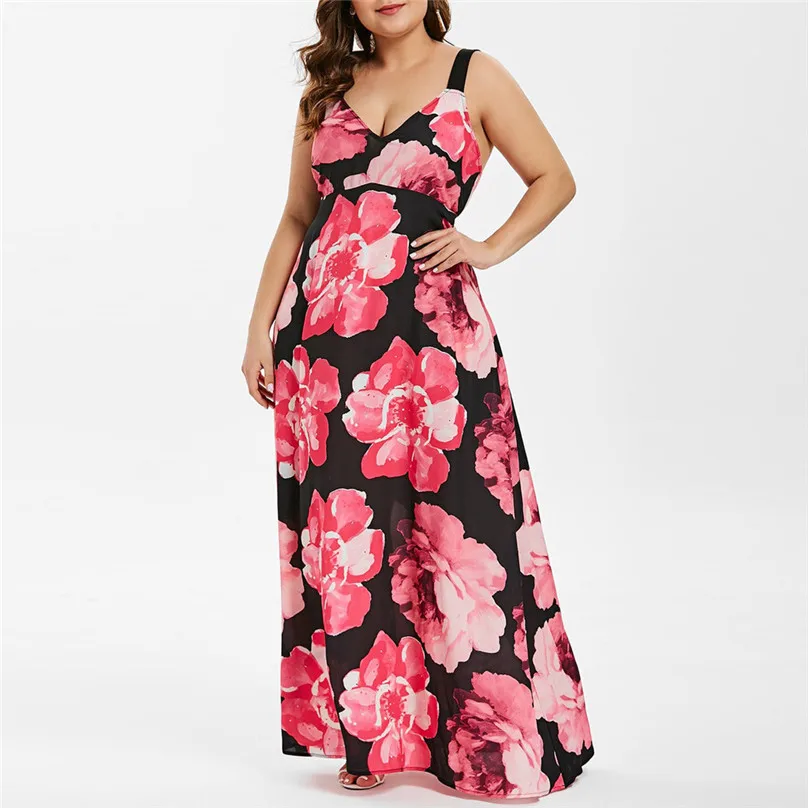 

Long Plus Size Dress V-Neck Floral Printed Sleeveless Casual Fashion Summer Spaghetti Strap Backless Dresses sukienka maxi 4EM