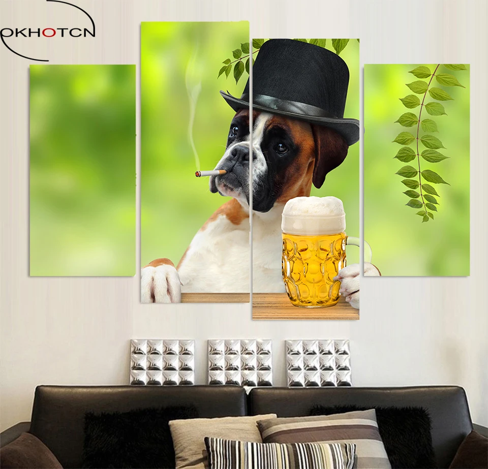 OKHOTCN 4 Panel Canvas Art Canvas Painting Funny Dog