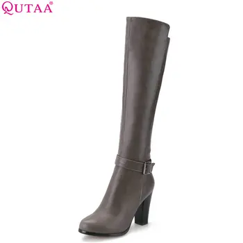 

QUTAA 2019 Women Knee High Boots Pu Leather Fashion Square High Heel Platform Winter Shoes Woman Motorcycle Big Size 34-43