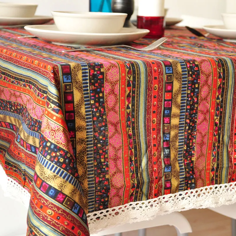 Colorful Strip Nationality Table Cloth Tablecloth Dinner Mat Cover Lace Around Printed Style