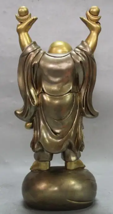 

S0885 12" Marked Purple Bronze 24K Gold Pure Silver Happy Laugh Maitreya Buddha Statue