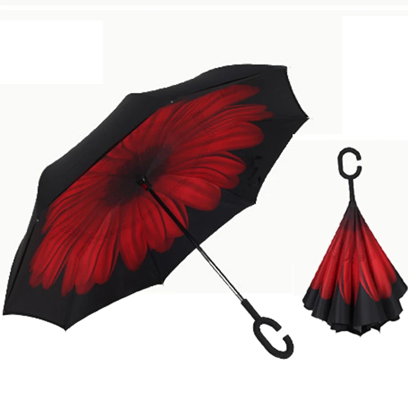 Drop shipping Windproof C-type Folding reverse umbrella hands-free rain/sun women/men outdoor double Layer Inverted zizihua - Цвет: hongjuhua