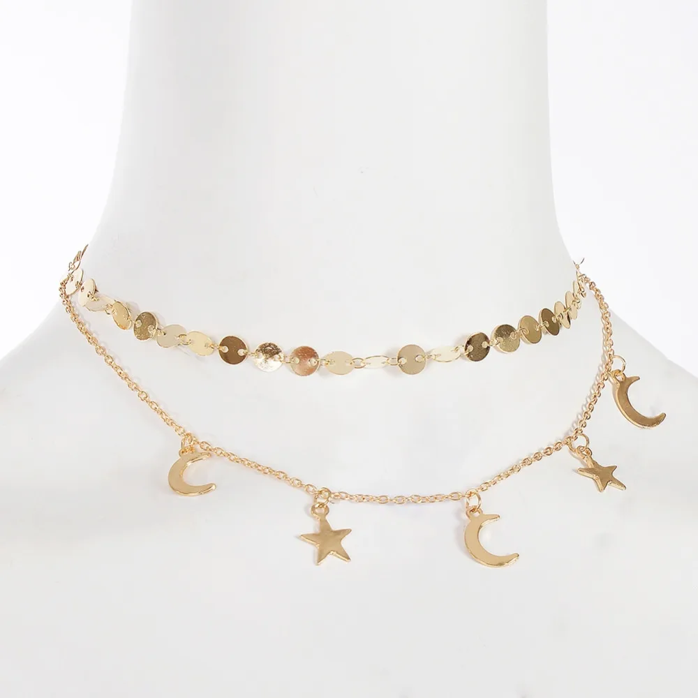 Trendy Simple Moon Star Charm Choker Necklace for Women Gold Color