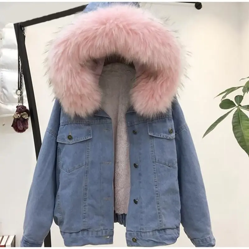 Women Denim Jacket 2019 Winter Thick Tops Faux Fur Collar Fleece Hooded Female Outwear Outfits Denim Coat Jeans Jackets