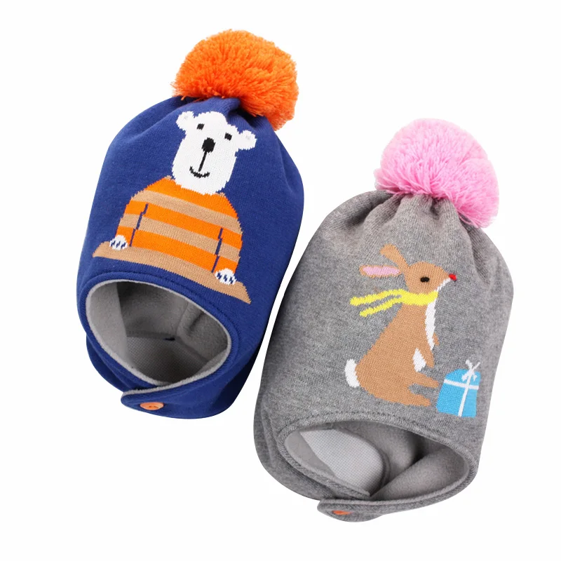 Bear Baby Earflap Hat Winter Warm Toddler Boys Girls Pompom Cap Thicken Comfortable Polyester Lining Infant Kids Skull Bonnet (1)