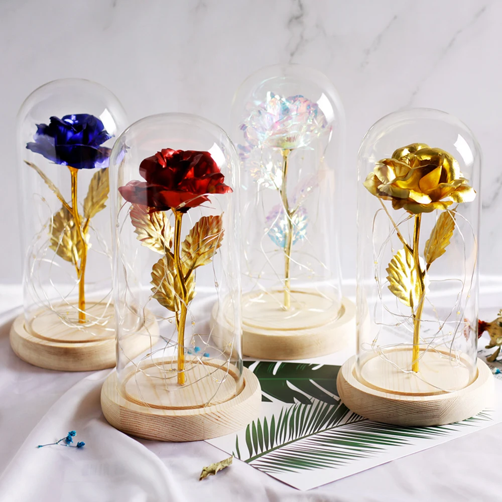 

Beauty and Beast Rose Flowers in Glass Dome with LED Light Wood Base Romantic Valentine's Day Birthday Gift