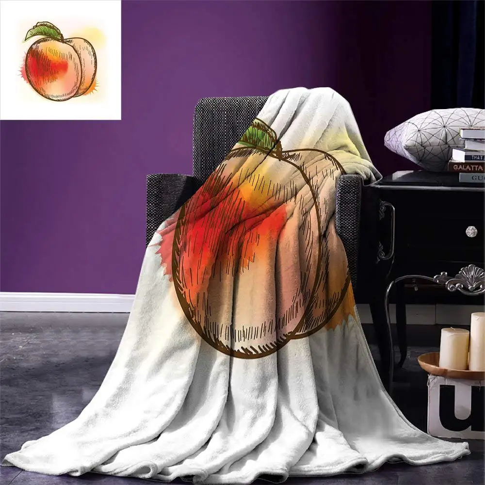 

Peach Blanket Fresh Fruit Full of Vitamins and Nutrition Food Sketch Color Splatters Warm Microfiber Blankets for Beds