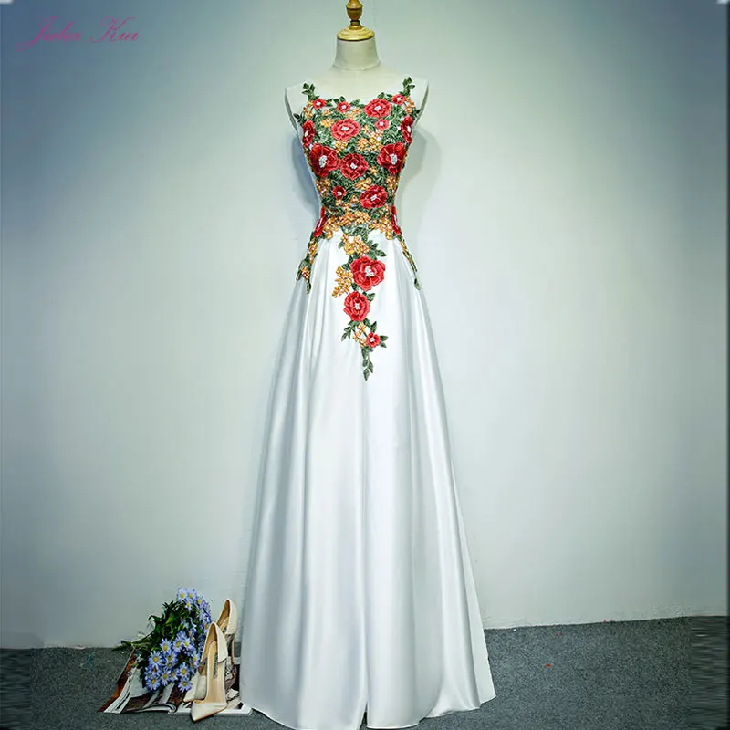 

Lustrous Satin A-Line Evening Dress Scoop With Embroidery Half Sleeves Formal Evening Dress With Lace Up Vestido De Festa