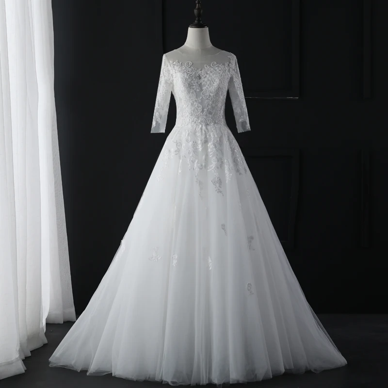 Fansmile Иллюзия рукава Vestido De Noiva кружева свадебное платье Тюль под заказ плюс размер Свадебный платья платье FSM-474T