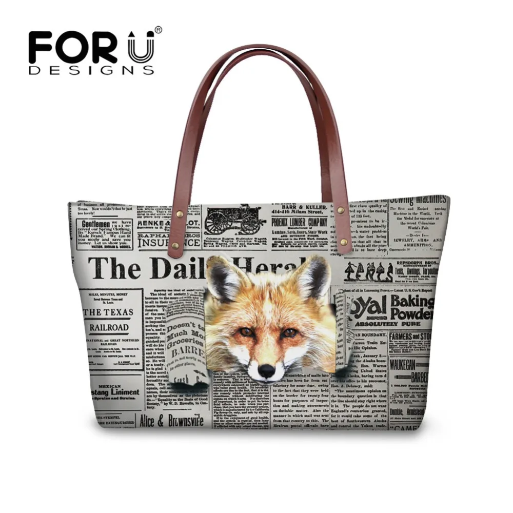 

FORUDESIGNS 2018 New Women Hand Bag Wolf Newspaper Pattern Ladies Shoulder Bag for Female Large Top-handle Casual Tote Printing