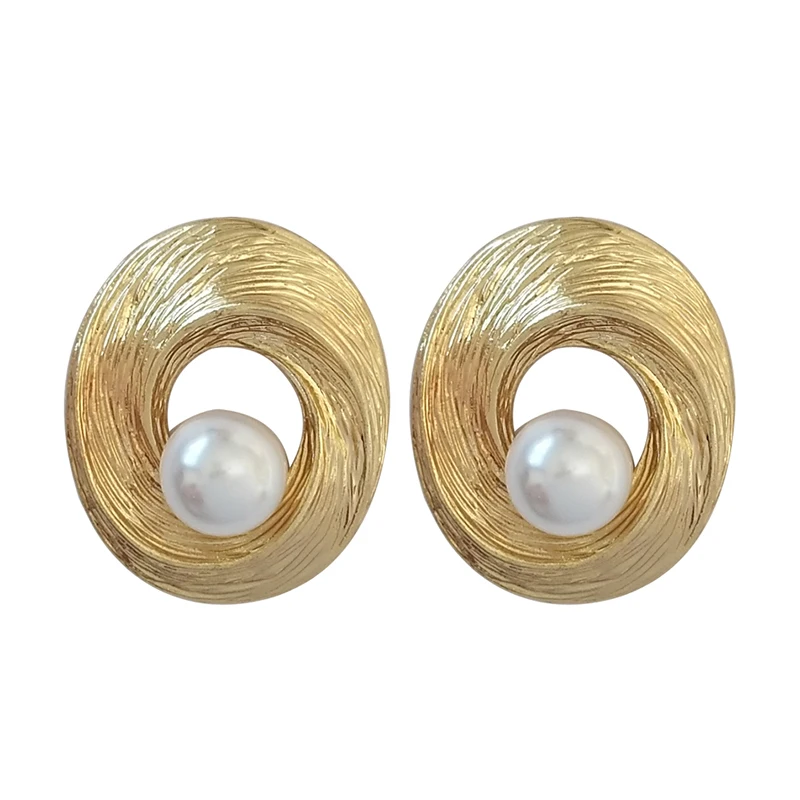 

SRCOI Alloy Hollow Spiral Texture Simulated Pearl Earrings Studs Oval Geometric Metal Gold Color Simple Earrings Womens Jewelry