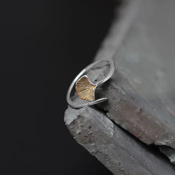 

Original Small Fresh 925 Pure Silver Jewelry, Golden Ginkgo Leaves, Opening Rings, Ladies Hand Accessories Wholesale.