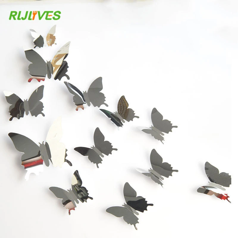 12pcs 3D Butterfly Wall Stickers Mirrored Room Sticker Bedroom Decor Girls WS