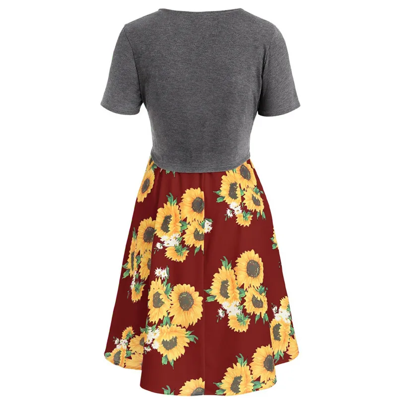 New Women Summer Sexy Short Sleeve Bow Knot Bandage Top Sunflower Print Mini Dress Suits Bohemian Casual Beach Dress #4A30 (17)