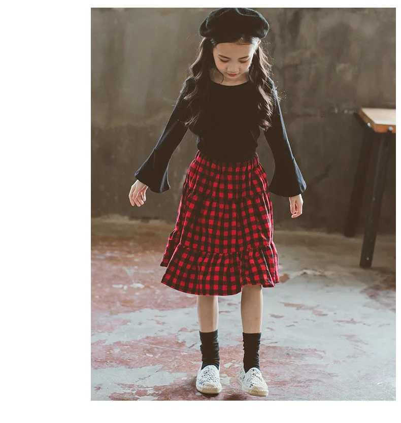 red ruffles plaid skirts for baby big girls Children students skirts kids clothes teenage 4 6 8 10 12 years long skirts clothing (3)